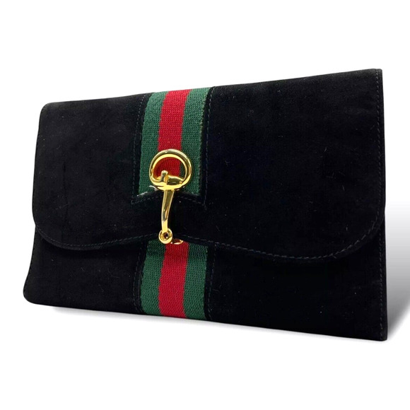 Authentic Vintage GUCCI Long Wallet Clutch Sherry Line Horsebit Black Suede - Picture 1 of 7